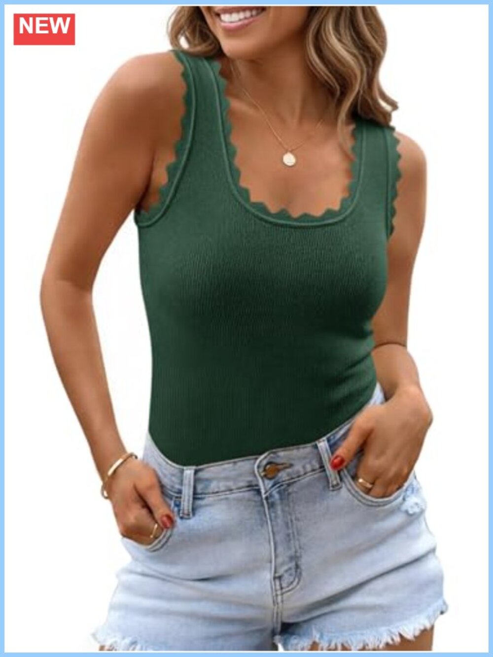 Scalloped Square Neck Knit Sweater Vest Sleeveless Ribbed Tank Top